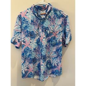 Simply Southern Men's Hawaiian Tropical Button Down Shirt Blue Pink NWT